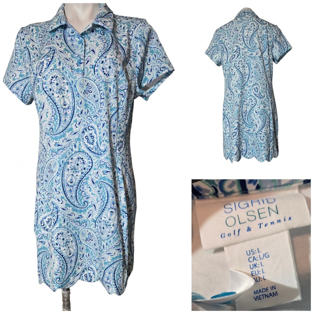 Sigrid Olsen Golf & Tennis Blue Paisley Scallop Hem Polo Dress Large